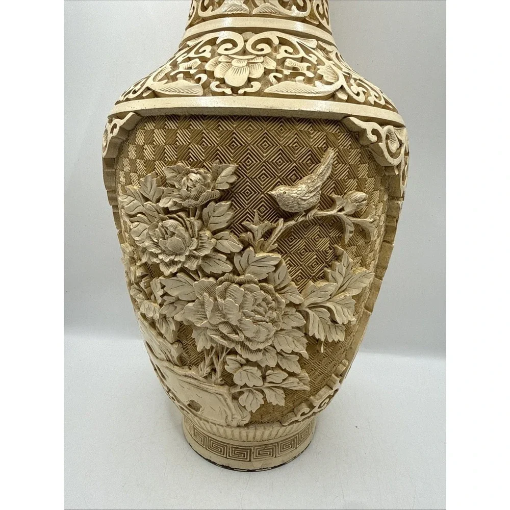 Vintage Mandarin Resin Carved Vase Layered 3D Flowers Floral Birds 12.5